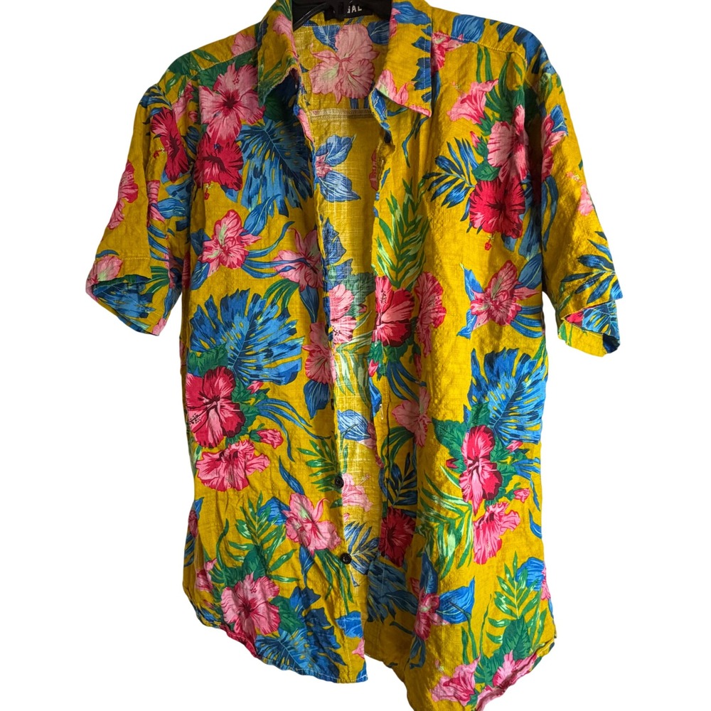 JOGAL Mens Yellow Floral Print Short‎ Sleeve Button Up Shirt Size L 0228